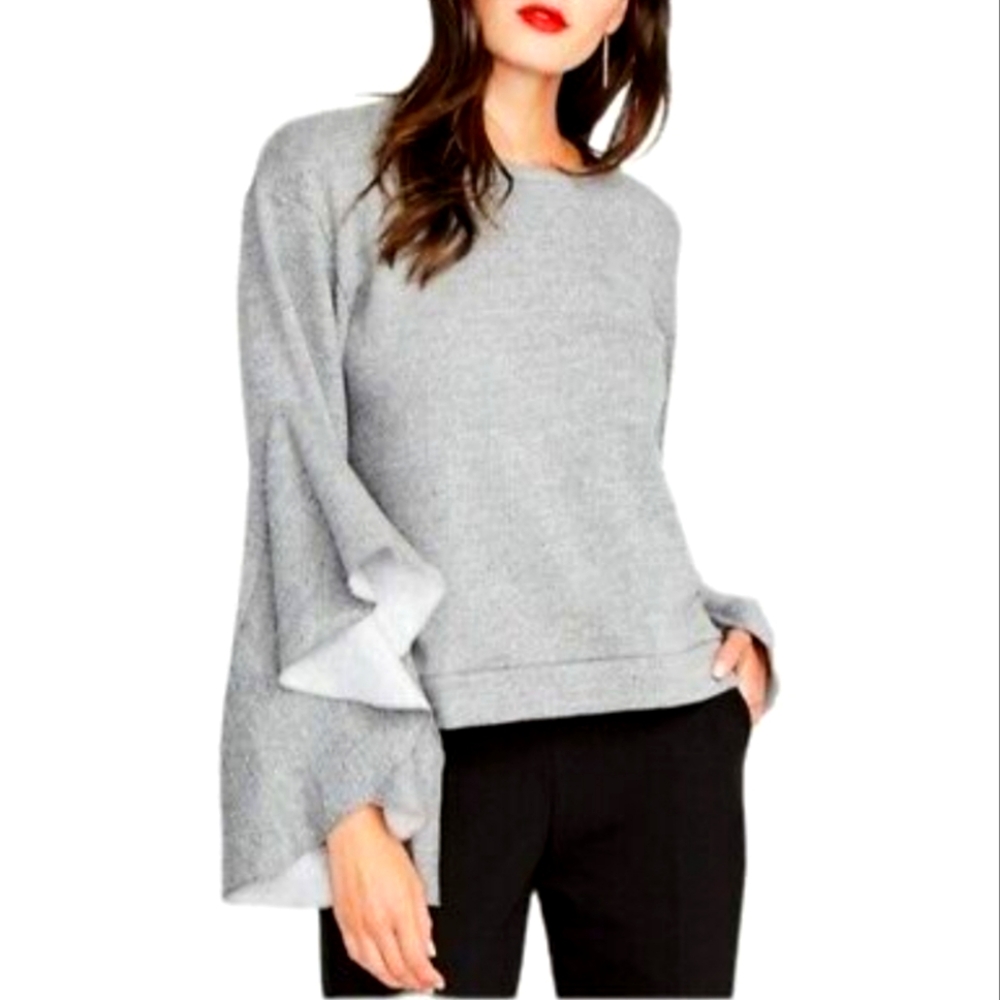 Rachel Rachel Roy Ruffle-Sleeve Grey Crew Sweatshirt